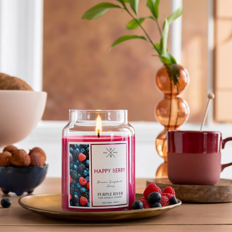 Bougie parfumée de soja en verre Purple River 623 g - Happy Berry