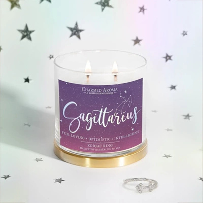 Charmed Aroma bijou bougie parfumée au soja avec anneau en argent 12 oz 340 g - Signe du zodiaque Sagittaire